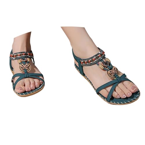 BIBOKAOKE Sandalen Damen Sommer Boho Zehentrenner Freizeit Lederschuhe mit Strass Elegant Schuhe Bequem Sommerschuhe Flache Loafers Leicht Walkingschuhe Wasserdicht Tanzschuhe Badeschuhe Slipper von BIBOKAOKE