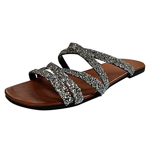 BIBOKAOKE Sandalen Damen Sommer Flache Sandalen Strass Sandaletten Römische Schuhe Elegante Glitzer Hausschuh Slipper Sandals Flip Flops Leicht Bequem Slippers Sommerschuhe Freizeitschuhe von BIBOKAOKE