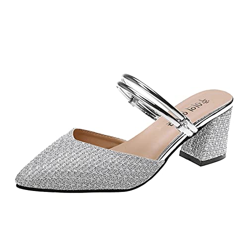 BIBOKAOKE Sandalen Damen Spitz Schuhe Blockabsatz Damen Pumps Bequem Pantoffeln Elegante Sommerschuhe Frühling Sommer Sandalen Freizeitschuhe Sommerpantoffeln Leicht Slippers (0221-A-Silver, 37) von BIBOKAOKE