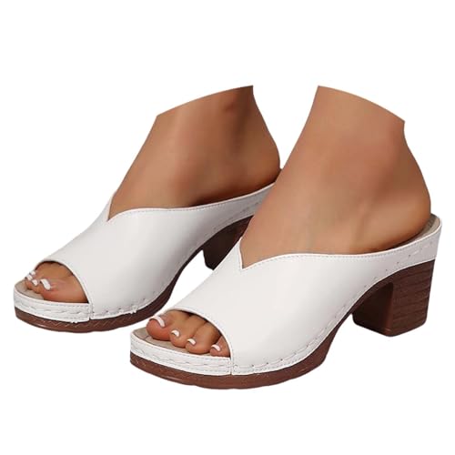 BIBOKAOKE Slipper Damen Sommer Leder Weite Hausschuhe mit Blockabsatz Pumps Modisch High Heels Bequem Sommerschuhe Wasserdicht Badeschuhe Rutschfest Strandschuhe Slip on Pantolette Schlappen Slides von BIBOKAOKE