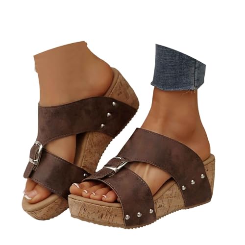 BIBOKAOKE Slipper Damen Sommer Plateau Keilsandalen mit Weiche Fussbett Rutschfest Strandschuhe Bequem Sommerschuhe Retro Clogs Stoff Hausschuhe Pantolette Schlappen Slides von BIBOKAOKE