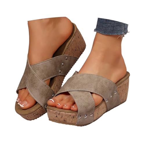 BIBOKAOKE Slipper Damen Sommer Plateau Keilsandalen mit Weiche Fussbett Rutschfest Strandschuhe Bequem Sommerschuhe Retro Clogs Stoff Hausschuhe Pantolette Schlappen Slides von BIBOKAOKE