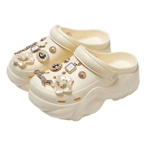 BIBOKAOKE Slipper Damen Sommer Wasserdicht Slipper mit Ansteckern & Schmuck Mode Strandschuhe Rutschfest Slip on Pantolette Bequem Sommerschuhe Weich Sohlen Hausschuhe Freizeit Schlappen von BIBOKAOKE