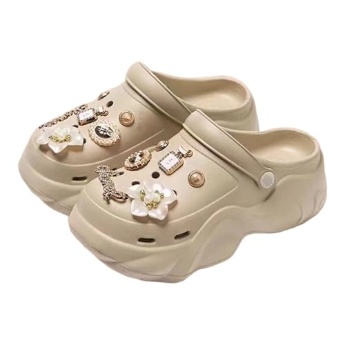 BIBOKAOKE Slipper Damen Sommer Wasserdicht Slipper mit Ansteckern & Schmuck Mode Strandschuhe Rutschfest Slip on Pantolette Bequem Sommerschuhe Weich Sohlen Hausschuhe Freizeit Schlappen von BIBOKAOKE