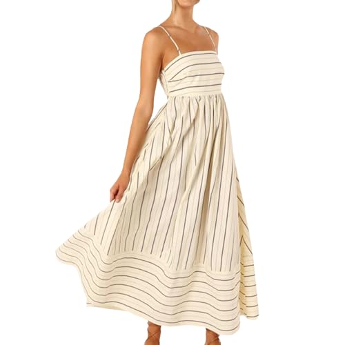 BIBOKAOKE Sommerkleid Damen Lang Strandkleid Spaghettiträger Trägerkleid Schulterfreies Kleid Ärmellos Swingkleid Leicht Und Luftig Ballkleid Streifen Abendkleid Musselin Kleid Elegant Sommerkleider von BIBOKAOKE