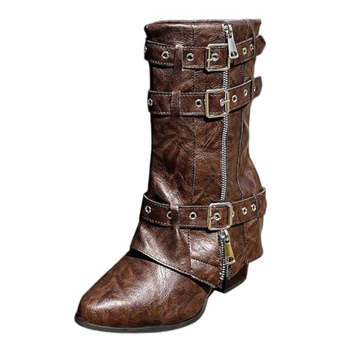 BIBOKAOKE Stiefeletten Damen Bequem Leder Trendige Halbstiefel Halbhoch Stiefel Dicke Sohle Runde Zehenbereich Quadratischer Absatz Reißverschluss winterstiefel von BIBOKAOKE