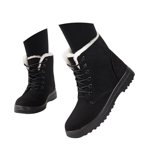 BIBOKAOKE Stiefeletten Damen Einfarbig Flache Wildleder-Schnürschuh Dicke Sohle Warm Rutschfeste Winterstiefel Casual Outdoor Shoes von BIBOKAOKE