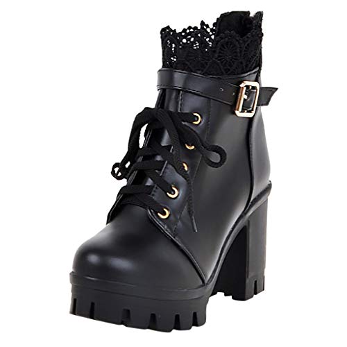 BIBOKAOKE Stiefeletten Damen Flach Schwarz Student Plattform Ankle Heel High Schnürstiefel Dicke Spitze Damenschuhe Modische Damenstiefel Damen Stiefel Mit Absatz 43 von BIBOKAOKE