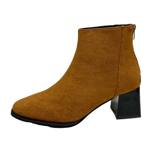 BIBOKAOKE Stiefeletten Damen Flauschige Atmungsaktive Klobiger Hoher Absatz Freizeit Quadratischer Absatz Übergangsstiefel Weicher winterstiefel Wildleder Hinten Reißverschluss von BIBOKAOKE