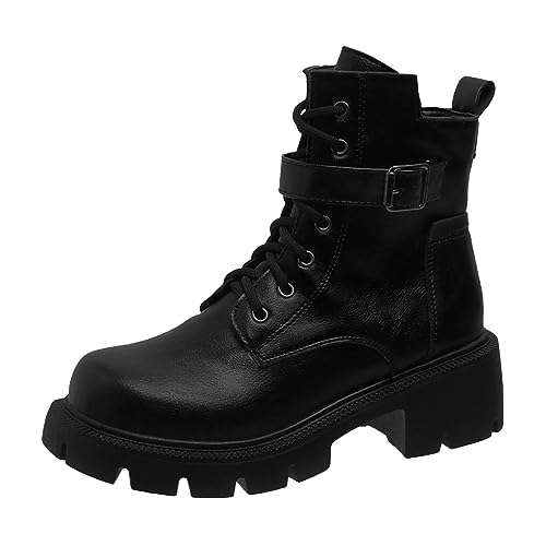 BIBOKAOKE Stiefeletten Damen Mit Absatz Schwarz Biker Stiefel Plateauschuhe Motorrad Stiefel Gürtel Schnalle Retro kurze Stiefel Große Größen Schnürstiefeletten Winterstiefel Knöchel Schuhe von BIBOKAOKE