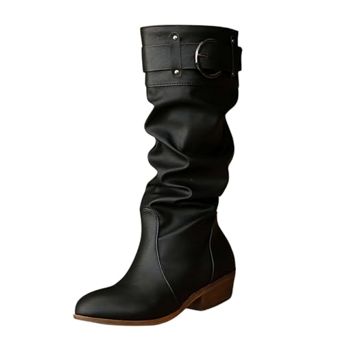 BIBOKAOKE Stiefeletten Damen Schnalle Leichte Damenstiefel Einfarbig Flacher Absatz Spitzer Zehenpartie Gefütterte Retro Trendige Arbeitsstiefel Halbhoch Stiefel von BIBOKAOKE