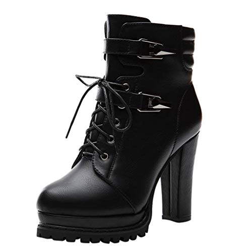 Stiefeletten Damen Schwarz Schnürboots Damen High Heels Stiefeletten Blockabsatz Ankle Boots mit Plateau mit Spitze von BIBOKAOKE