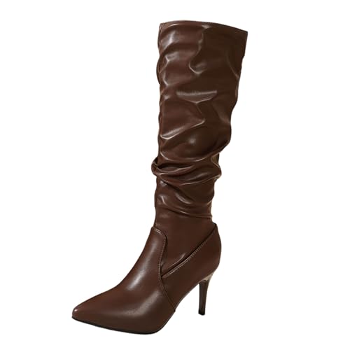 BIBOKAOKE Stiefeletten Damen Spitz Zehenbereich Schnalle Weicher Leder Einfarbig Pfennigabsatz Herbst und Winter vielseitige Kniehohe Damenstiefel Halbhoch Stiefel von BIBOKAOKE