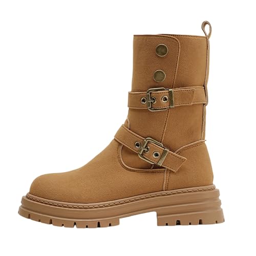 BIBOKAOKE Stiefeletten Damen Trendige Leder Einfarbig Bequem Stiefel Lässig Runde Zehenpartie Schlupfschuhe Dicke Sohle Ankle Boots mit Schnalle winterstiefel von BIBOKAOKE