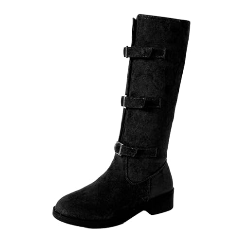 BIBOKAOKE Stiefeletten Damen Warme Winterboots Trendige Lässig Profilsohle Kniehohe Damenstiefel Halbhoch Cozy Runde Zehen Hohe Stiefel Mit Schnalle Wildleder winterstiefel von BIBOKAOKE