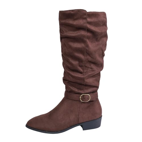 BIBOKAOKE Stiefeletten Damen Winterboots Plüsch Atmungsaktive Stiefel Breitem Schaft Spitzer Zehenpartie Kniehohe Damenstiefel Dicke Sohle Weicher Wildleder von BIBOKAOKE