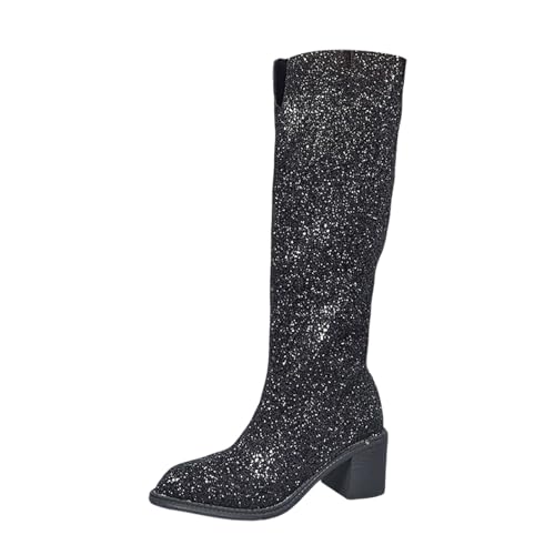 BIBOKAOKE Stiefeletten Damen mit glitzernden Glitzer-Partyschuhen wadenlang Winterabsatz Einfarbig High Heels mit spitzer Spitze von BIBOKAOKE
