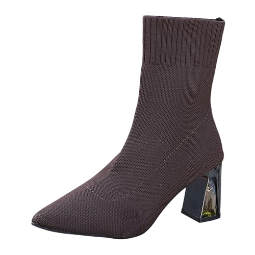 BIBOKAOKE Stiefeletten Damen mit spitz klobiger Absatz Warm gefütterte Soft Knit Upper Große Größe Herbst und Winter Einfarbig von BIBOKAOKE