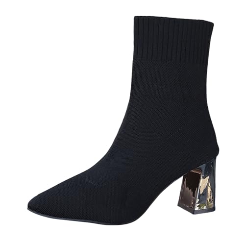 BIBOKAOKE Stiefeletten Damen mit spitz klobiger Absatz Warm gefütterte Soft Knit Upper Große Größe Herbst und Winter Einfarbig von BIBOKAOKE