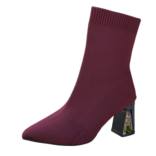 BIBOKAOKE Stiefeletten Damen mit spitz klobiger Absatz Warm gefütterte Soft Knit Upper Große Größe Herbst und Winter Einfarbig von BIBOKAOKE