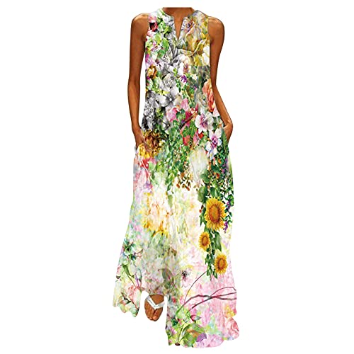 BIBOKAOKE Strandkleid Damen Lang Boho Maxi Kleid Blumenmuster Sommerkleid Ärmellos Tunika Blusenkleid Lässig Locker BodenlangesKleid Leicht Bequem Freizeitkleid Elegant Cocktailkleid von BIBOKAOKE