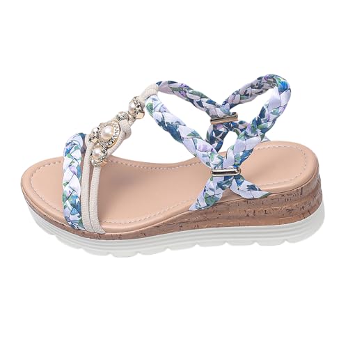 BIBOKAOKE Strandschuhe Damen Sandalen Boho Bunt Plateau Schuhe mit Strass Elegant Sneaker Leicht Joggingschuhe Flache Sandalen Atmungsaktiv Freizeitschuhe Bequem Slipper Mit Gummiband Fitnessschuhe von BIBOKAOKE