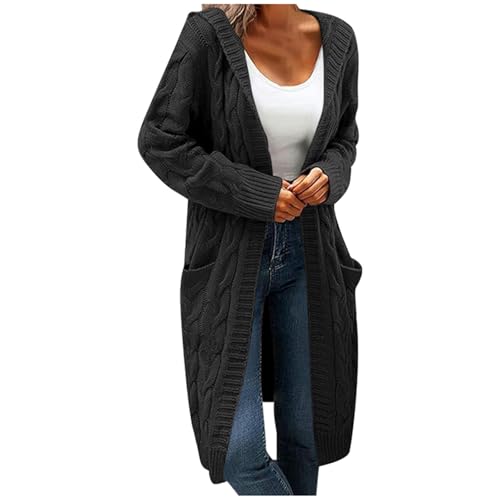 BIBOKAOKE Strickjacke Damen mit Kapuze Strickmantel Langarm Grobstrick-Cardigan Open Front Sweater Jacke Lang Strickcardigan Pullover mit Taschen Strickpullover Casual Locker Strickjacken von BIBOKAOKE