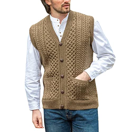 BIBOKAOKE Strickweste Herren ohne Ärmel V-Ausschnitt Strickjacke Frühling Herbst Einfarbige Warme Pullunder Gestreifte Strickweste Vintage Klassisch Trägershirt Tanktop Weste mit Zopfmuster von BIBOKAOKE