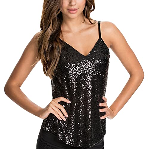 BIBOKAOKE Tops Damen Glitzer Pailletten Tank Tops V-Ausschnitt Spaghettiträger Oberteil Party Sparkle Trägershirt Blusen Bestickte Rückenfreie Top Shirt Elegant Ärmellose Weste Top Leibchen von BIBOKAOKE