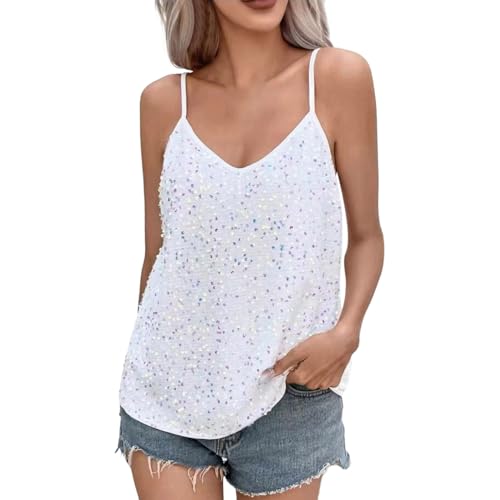 BIBOKAOKE Tops Damen Glitzer Pailletten Tank Tops V-Ausschnitt Spaghettiträger Oberteil Party Sparkle Trägershirt Blusen Bestickte Rückenfreie Top Shirt Elegant Ärmellose Weste Top Leibchen von BIBOKAOKE