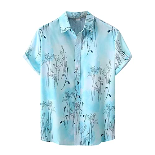 BIBOKAOKE Tshirt Herren Hemden Kurzarm Hawaii Blumenhemd Funky Mehrfarbig Bedrucktes Hemd Urlaub Strandhemd Dünne Casual Revers Henley Shirt Basic Slim Fit Freizeithemden, 1b-hellblau16, 3XL von BIBOKAOKE