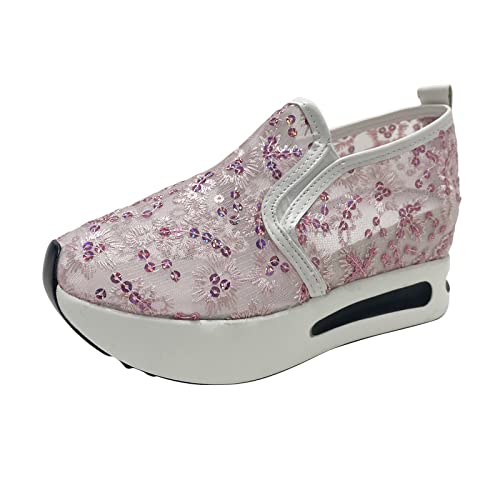 BIBOKAOKE Turnschuhe Damen mit Glitzer Pailletten Freizeitschuhe Keilabsatz Plateauschuhe Atmungsaktiv Sportschuhe Bequeme Bootsschuhe Laufschuhe Sommerschuhe Abendschuhe Freizeitsandale von BIBOKAOKE