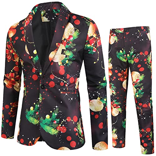 BIBOKAOKE Weihnachten Anzug Herren Slim Fit 2 Teilig Anzüge Weihnachten Sakko Anzug Hochzeit Party Business Anzüge Verschiedene Weihnachtsmotiv Anzugjacke Anzughose Zweireihiger Blazer Jacke von BIBOKAOKE