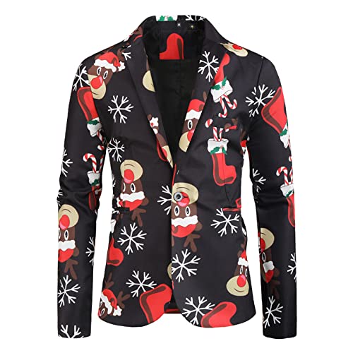 BIBOKAOKE Weihnachten Sakko Herren Anzug Jacke Slim Fit Button in Verschiedenen Druck Party Blazer Anzugjacke Revers Elk Print Jacket Kostüm Coat, Schwarz22, L von BIBOKAOKE