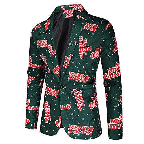 BIBOKAOKE Weihnachten Sakko Herren Anzug Jacke Slim Fit in Verschiedenen Druck Festlich Party Blazer Button Anzugjacke Revers Blazer Elk Print Jacket Freizeit Festlich Kostüm Coat (08296-Green, M) von BIBOKAOKE