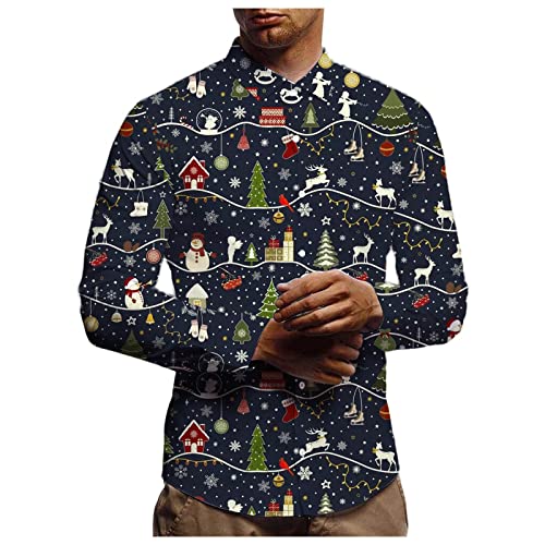 BIBOKAOKE Weihnachtshemd Herren Fun Print Weihnachten Freizeithemd Weihnachtsmann Elch-Print Langarmhemd mit Knopfausschnitt Party Freizeitkleidung Langarm-Revershemd Schmaler Knopf von BIBOKAOKE