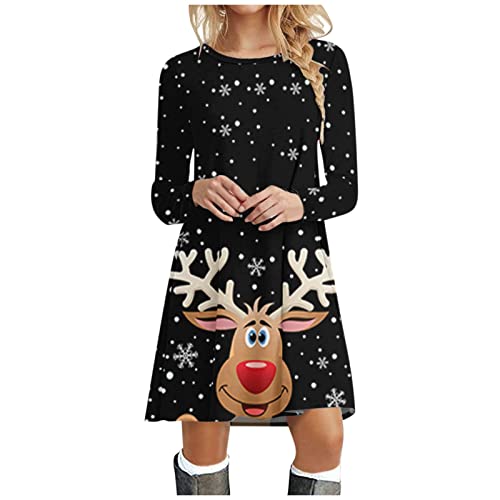 BIBOKAOKE Weihnachtskleid Damen Langarm Tshirt Kleid Rundhals Sweatshirtkleid Bunt Christmas Motive Weihnachts Kostüm Kleider Knielang Blusenkleid Sweatkleid Festliche Kleider A-Linie Kleid von BIBOKAOKE