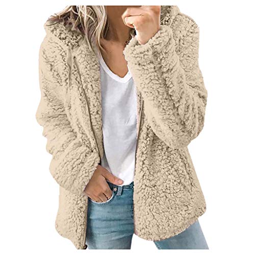 BIBOKAOKE Wintermantel Damen Reißverschluss Faux Flauschige Plüschmantel Teddy Fleecejacke Flauschige Kurz Jacke Mantel Langarm Outwear Tasche Übergangsjacke Teddy-Fleece Winterjacke von BIBOKAOKE