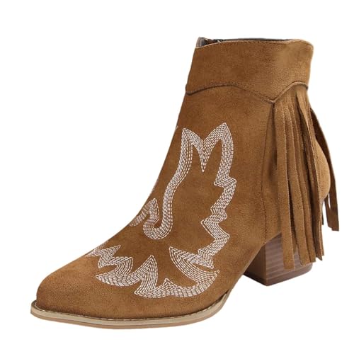 BIBOKAOKE Winterstiefel Damen Vintage Stiefeletten mit Fransen Leder Cowboystiefel Cowboy Spitz Stiefeletten Reiten Wildleder Reitstiefel Boots Westernstiefel mit Absatz von BIBOKAOKE