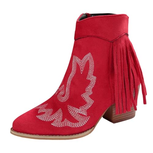 BIBOKAOKE Winterstiefel Damen Vintage Stiefeletten mit Fransen Leder Cowboystiefel Cowboy Spitz Stiefeletten Reiten Wildleder Reitstiefel Boots Westernstiefel mit Absatz von BIBOKAOKE