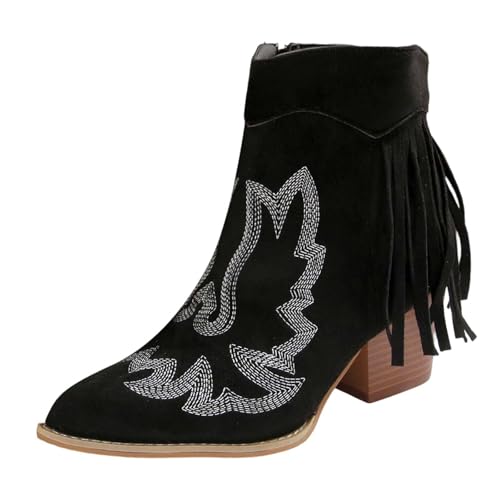 BIBOKAOKE Winterstiefel Damen Vintage Stiefeletten mit Fransen Leder Cowboystiefel Cowboy Spitz Stiefeletten Reiten Wildleder Reitstiefel Boots Westernstiefel mit Absatz von BIBOKAOKE
