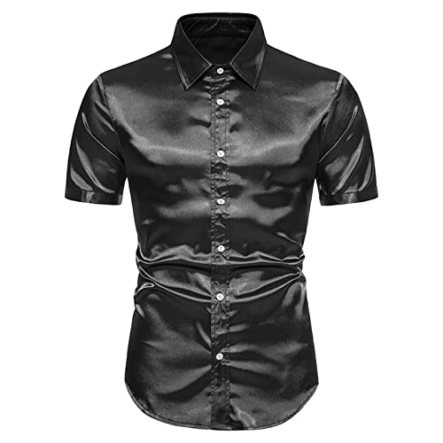 Kurzarmhemden Herren Metallic Glänzend Nachtklub Hochzeit Hemd Slim Fit Glanz T-Shirt 70er Langarm Disco Party Kostüm Glänzendes Hemd Revers Knopf Glitzer Kurzarm Pailletten Strickjacke von BIBOKAOKE