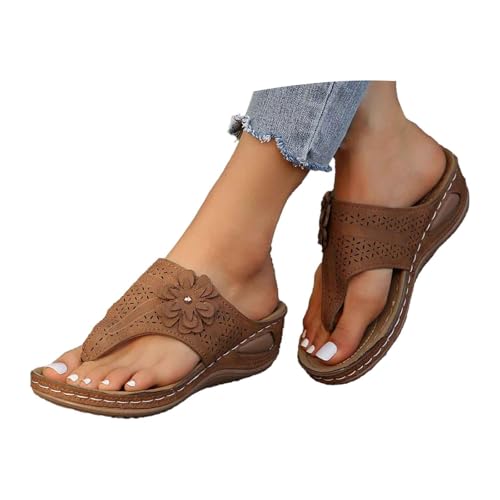 Slipper Damen Sommer Flache Zehentrenner mit Blumendekoration Elegant Sommerschuhe mit Weich Sohlen und Gummiband Bequem Strandschuhe Rutschfest Pantolette Hausschuhe Slip on Slides Schlappen von BIBOKAOKE
