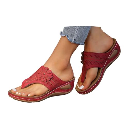 Slipper Damen Sommer Flache Zehentrenner mit Blumendekoration Elegant Sommerschuhe mit Weich Sohlen und Gummiband Bequem Strandschuhe Rutschfest Pantolette Hausschuhe Slip on Slides Schlappen von BIBOKAOKE