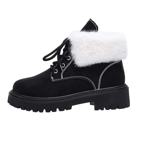 Stiefeletten Damen Flache Absatz Blockabsatz Plüsch Schlupfschuhe Schnürung Warme Damenstiefel Dicke Sohle winterstiefel Draussen Boots Kurze Stiefel von BIBOKAOKE