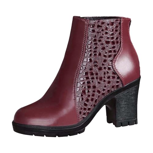 Stiefeletten Damen Leder Retro Blockabsatz Reißverschluss Kurze Stiefel Mode Lässig Bequeme Winter Schuhe Damen Absatz von BIBOKAOKE