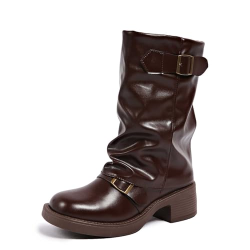 Stiefeletten Damen Warme Cowboystiefel Westernstiefel Rutschfester Winterstiefel Gefütterte Boots Retro Modische Runde Blockabsatz Halbhoch von BIBOKAOKE