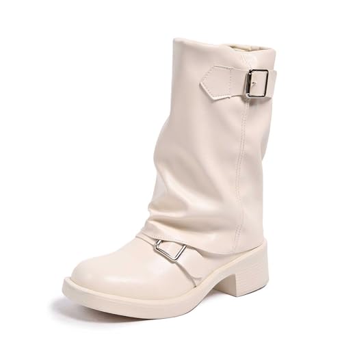 Stiefeletten Damen Warme Cowboystiefel Westernstiefel Rutschfester Winterstiefel Gefütterte Boots Retro Modische Runde Blockabsatz Halbhoch von BIBOKAOKE