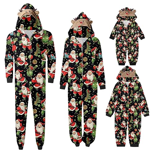 Weihnachts Schlafanzug Familie Einteiler Onesie Weihnachtspyjama Jumpsuit mit Kapuze und Reißverschluss Hausanzug für Damen Herren Kinder Baby Weihnachtspullover Familie von BIBOKAOKE