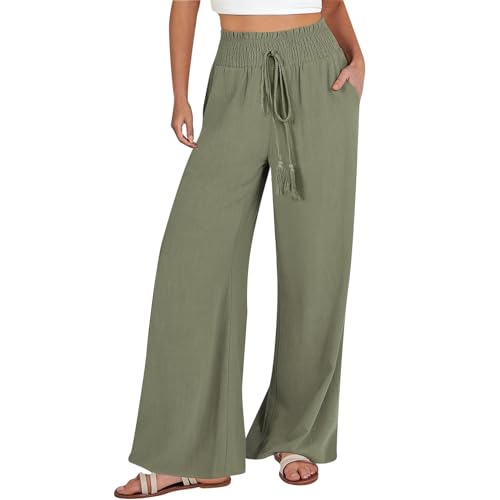 Weite Hose Damen Sommer Palazzo Hose Leichte Sommerhose Casual Locker Leinenhose Freizeithose Weite Leg Hose High Waist Stoffhose Elegant Culottes Hosen mit Tunnelzug und Taschen Schlupfhose von BIBOKAOKE